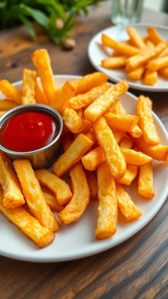 Crispy Air Fryer Homemade Fries Recipe Crispy air fryer fries on a plate with ketchup, set on a rustic wooden table.